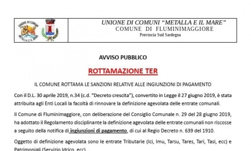 Il Comune di Fluminimaggiore adotta la Rottamazione TER